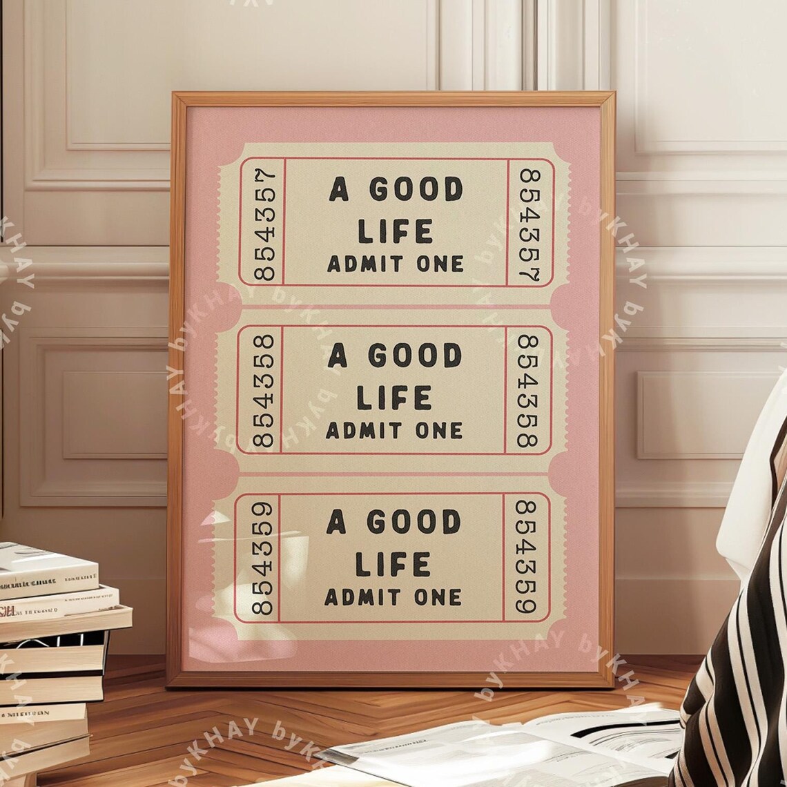 A Good Life Admit One Retro Ticket Trio Pink Vintage Wall Art