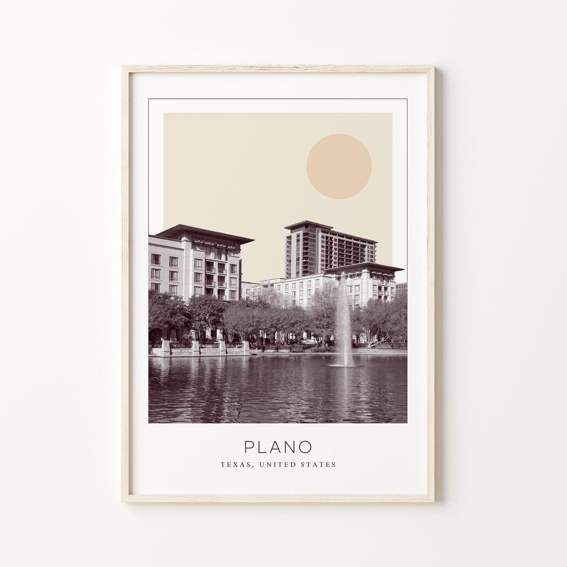 Plano Texas Lakeside Fountain Skyline Minimalist Travel Poster