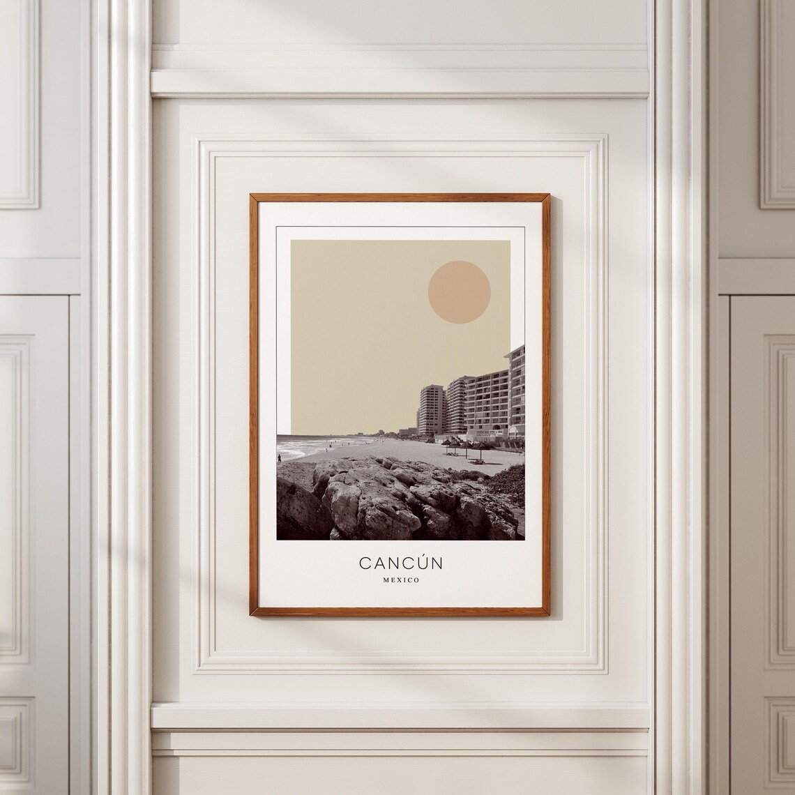 Cancún Mexico Beach Rocky Shoreline Beige Sun Minimalist Travel Poster - Image 2