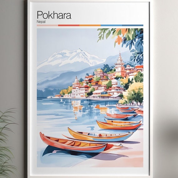 Pokhara Print Soft Colors Travel Poster Colourful Wall Art Nepal City Decor For