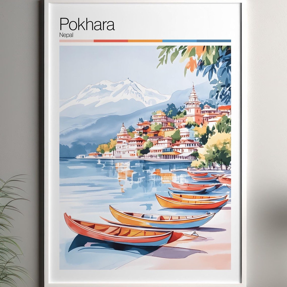 Pokhara Print Soft Colors Travel Poster Colourful Wall Art Nepal City Decor For