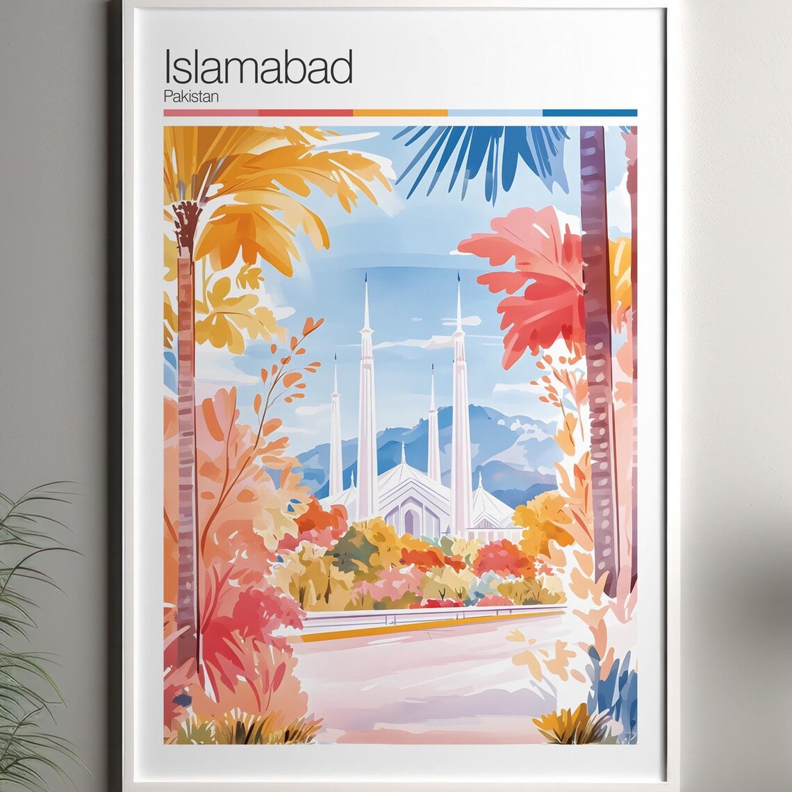 Islamabad Pakistan Watercolor Travel Poster With Faisal Mosque View