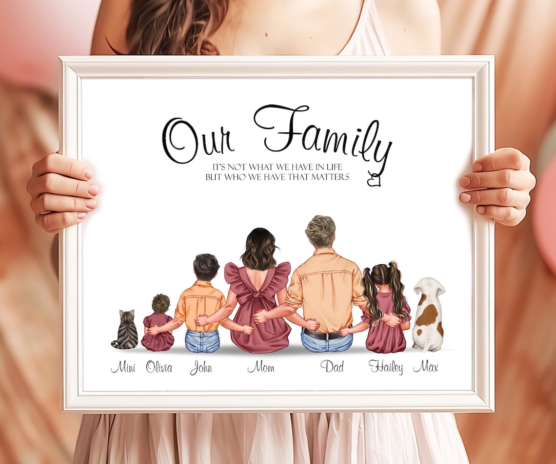 Family Portrait with Cat and Dog Custom Names Poster Gift Art