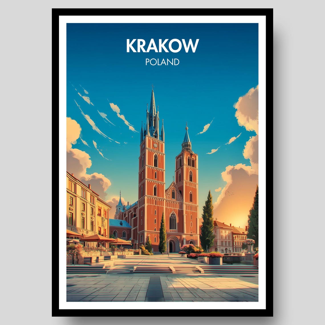 Krakow Poland Church Travel Poster Historic Old Town Square View