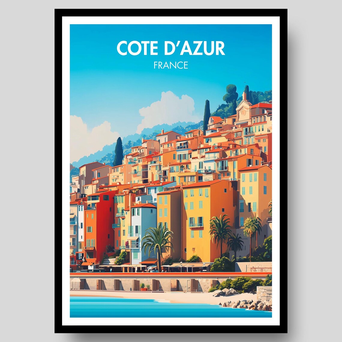 Cote D'Azur France Old Town Bell Tower Seaside Travel Poster