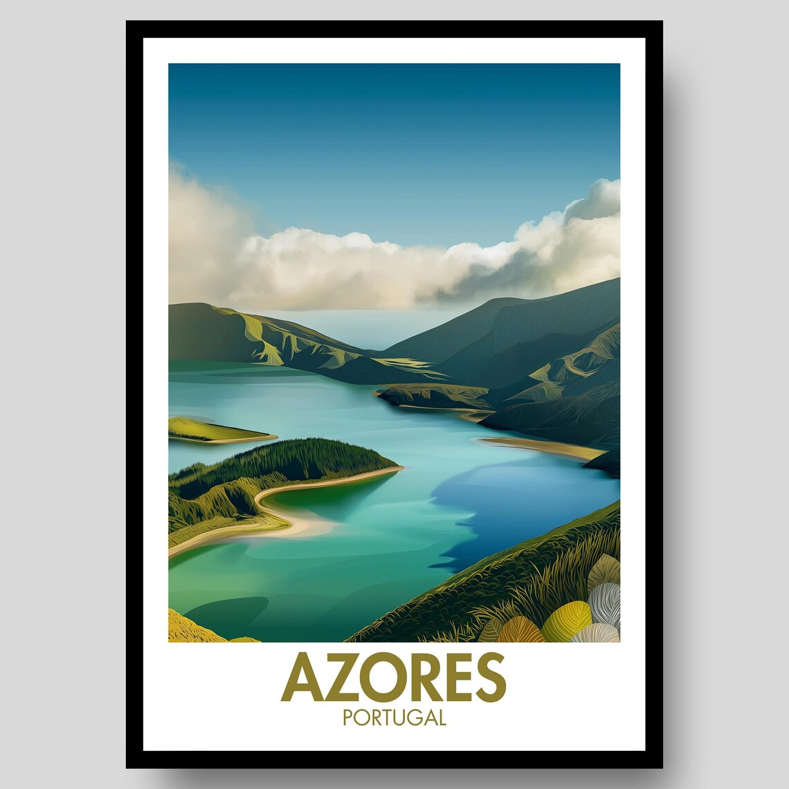 Azores Portugal Emerald Crater Lake Volcano Travel Art Poster