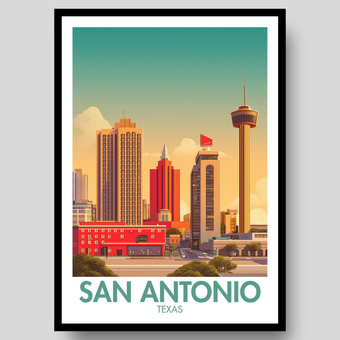 San Antonio Texas Teal Sky Downtown Skyline Travel Poster Art