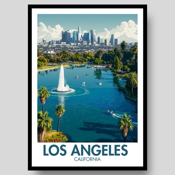 Los Angeles California Lake Fountain Boats City Skyline Poster