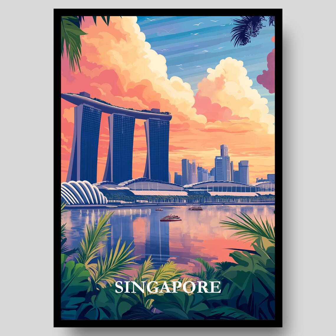 Singapore Marina Bay Sands Tropical Sunset Skyline Travel Poster