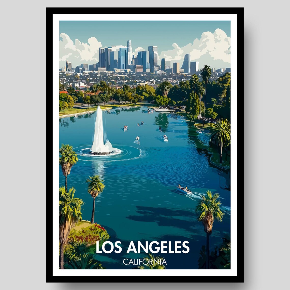 Los Angeles California Sparkling Lake Fountain Skyline Travel Poster