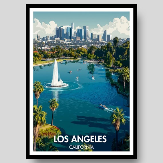 Los Angeles California Sparkling Lake Fountain Skyline Travel Poster
