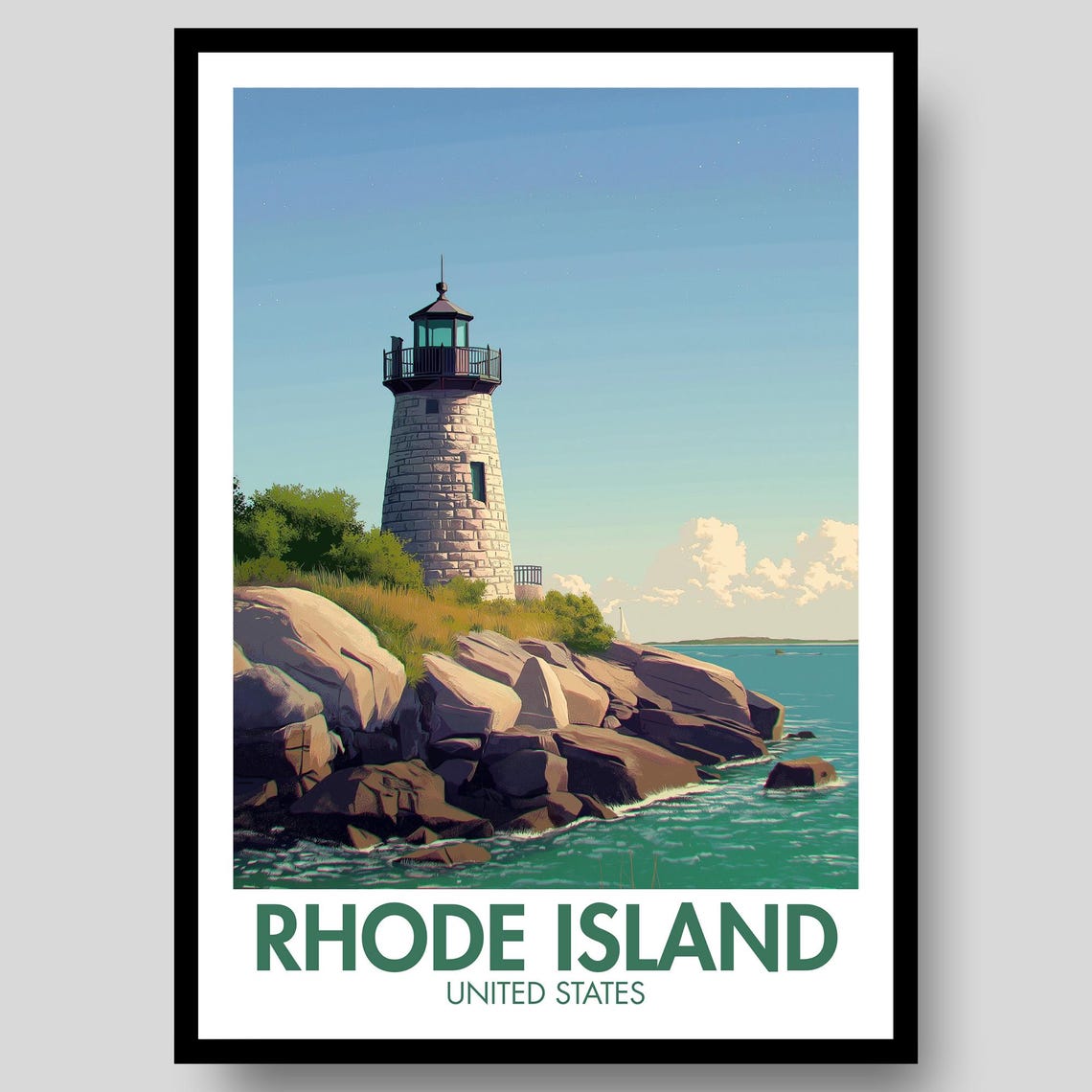 Rhode Island Lighthouse Rocky Coast Nautical Vintage Poster Art