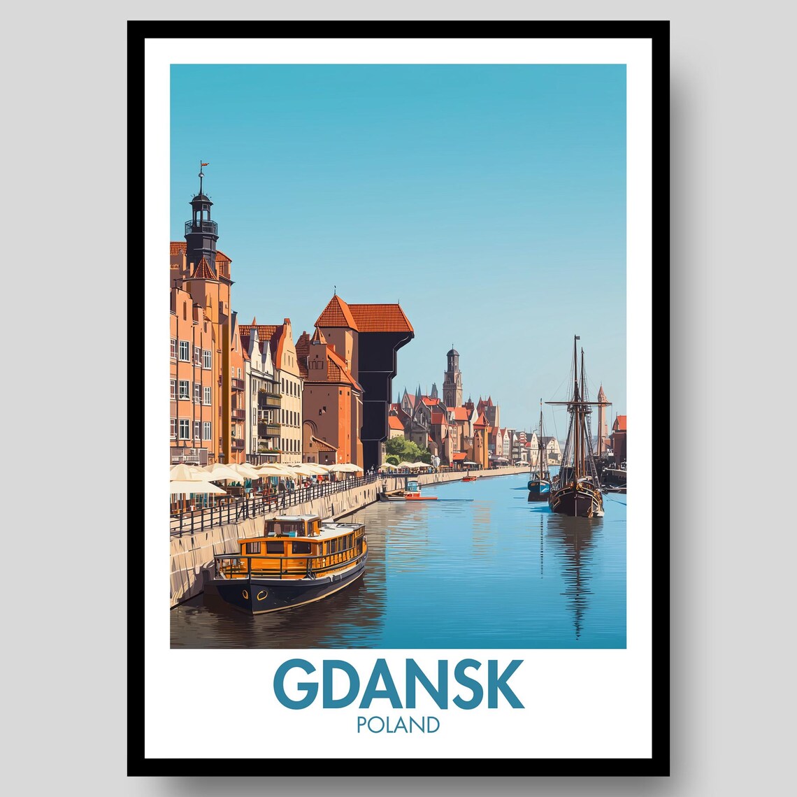 Gdansk Poland Vintage Travel Poster Old Town Waterfront Ships