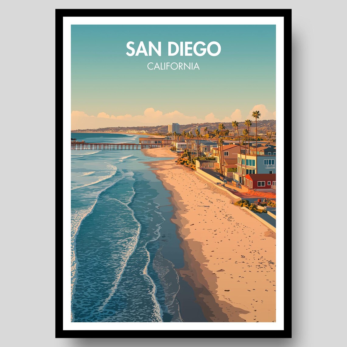 San Diego California Sunny Beach Pier Coast View Travel Poster