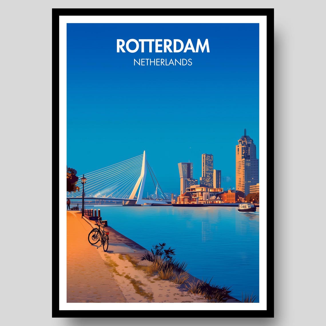 Rotterdam Netherlands Erasmus Bridge Dusk Skyline Travel Poster Art