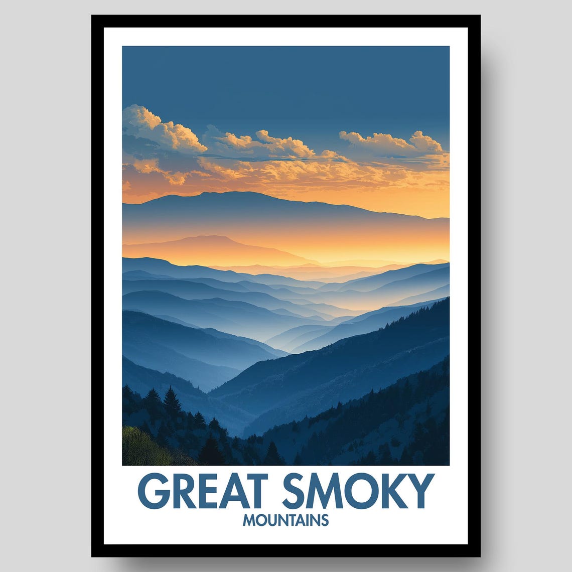 Great Smoky Mountains Layered Blue Ridges Sunset Glow Poster