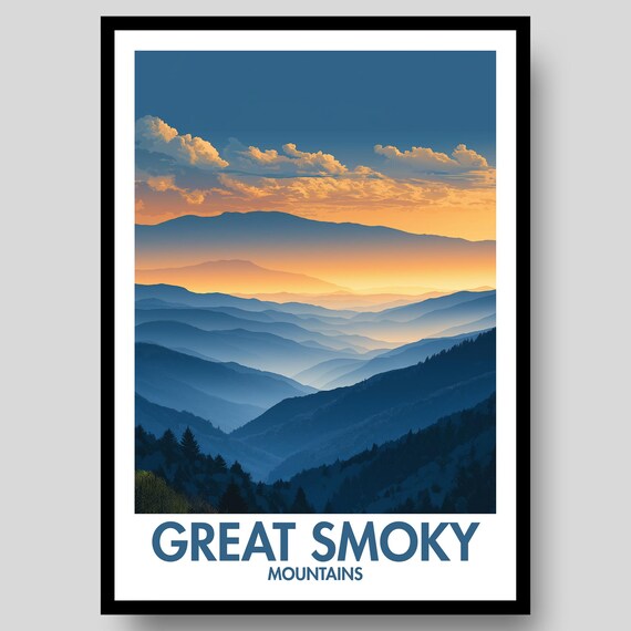 Great Smoky Mountains Layered Blue Ridges Sunset Glow Poster