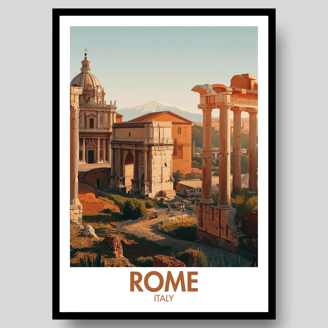 Rome Italy Ancient Forum Ruins Columns Historic Sunset Travel Poster
