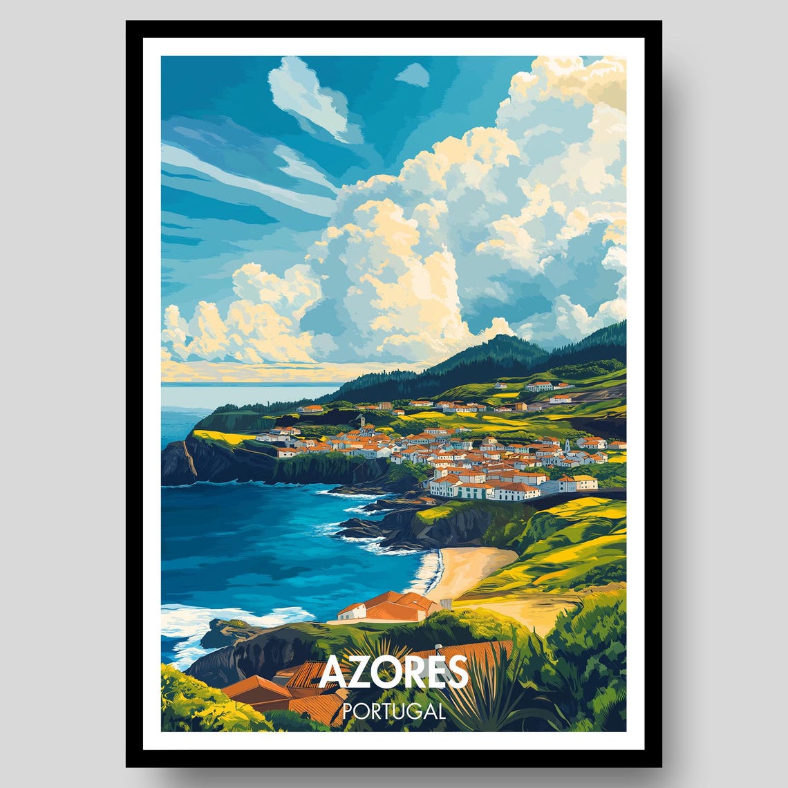 Azores Portugal Coastal Village Cliffs Atlantic Ocean Art Poster