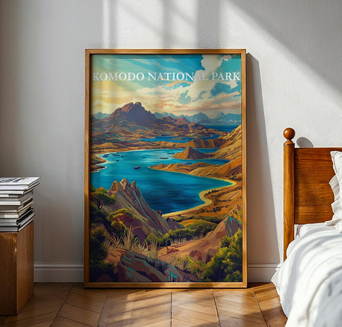 Komodo National Park Indonesia Island Bay Vintage Travel Art Poster