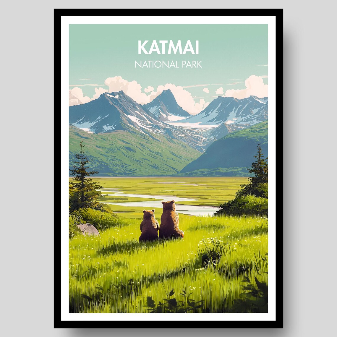 Katmai National Park Alaska Bear Pair Meadow Wildlife Art Poster