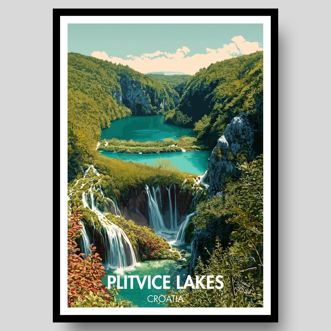 Plitvice Lakes Croatia Turquoise Waterfalls Landscape Travel Poster