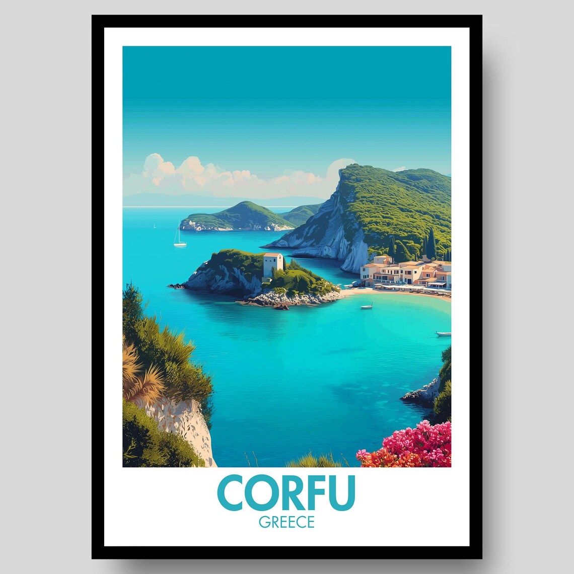 Corfu Greece Seaside Village and Turquoise Bay Vintage Travel Poster