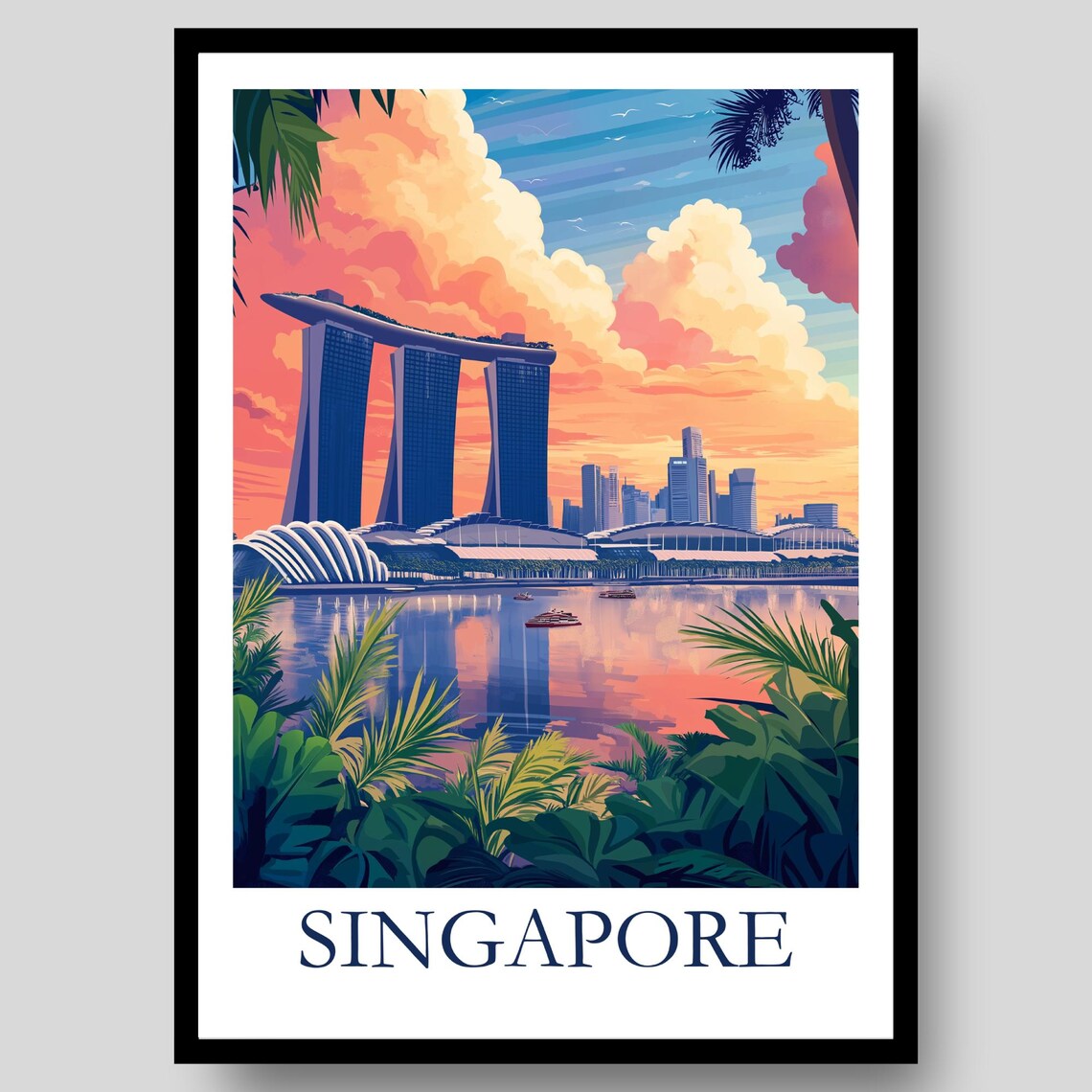Singapore Marina Bay Sands Sunset Skyline Waterfront Travel Poster