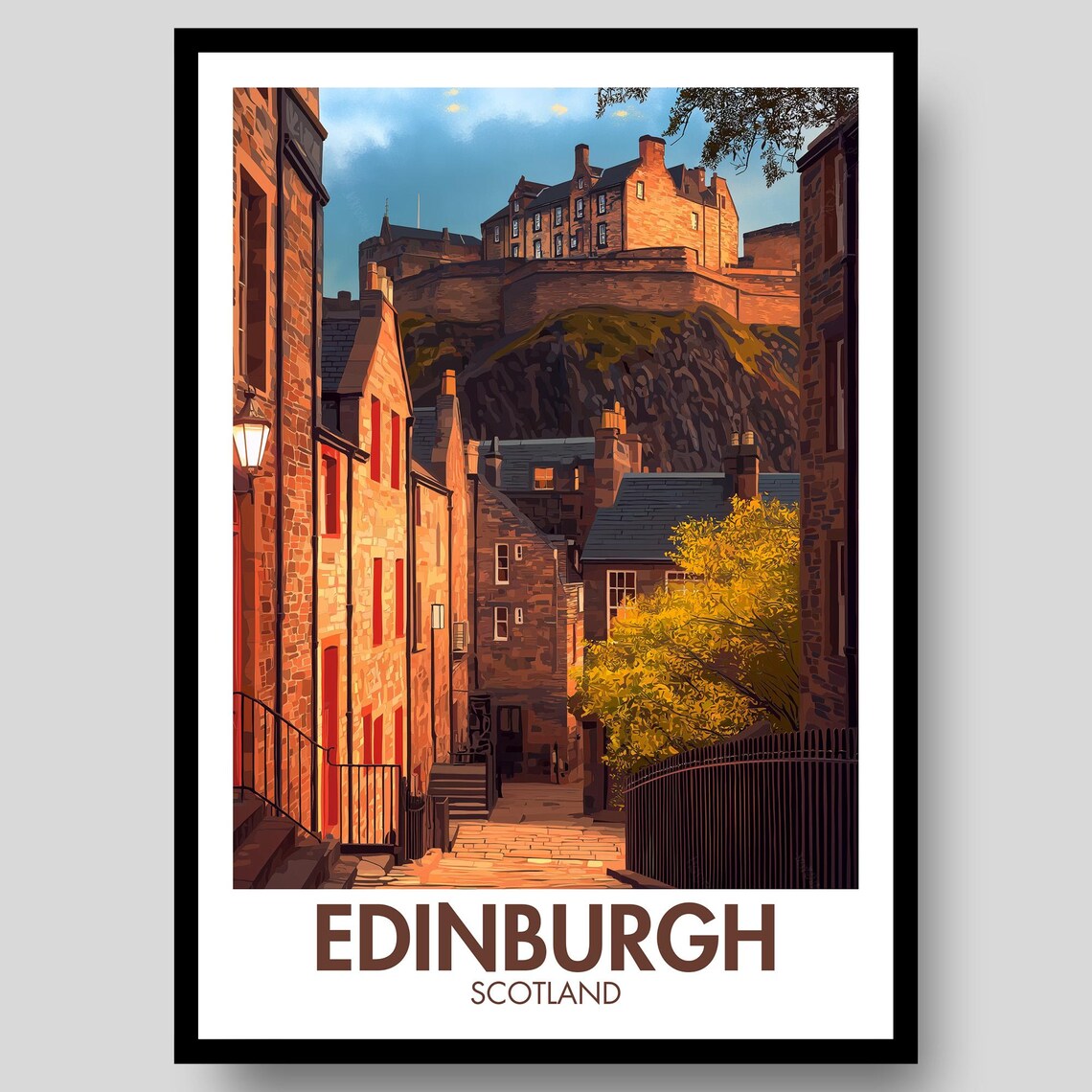 Edinburgh Scotland Castle Old Town Sunset Historic Street Travel Poster