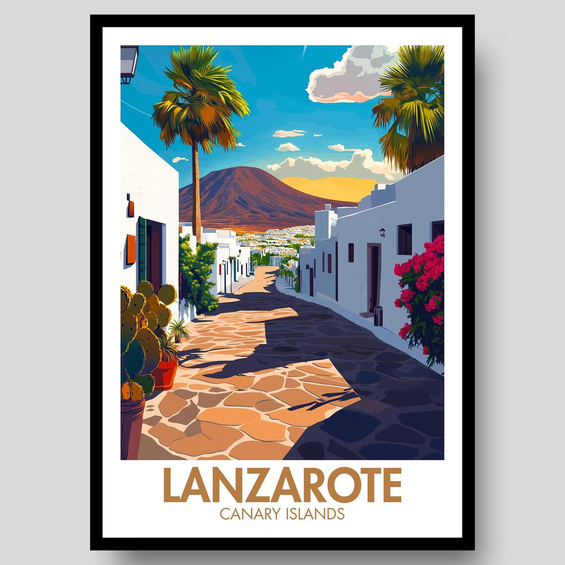 Lanzarote Canary Islands White Village Volcano Palm Street Poster