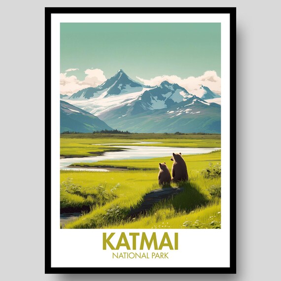 Katmai National Park Alaska Brown Bears Meadow Wildlife Art Poster