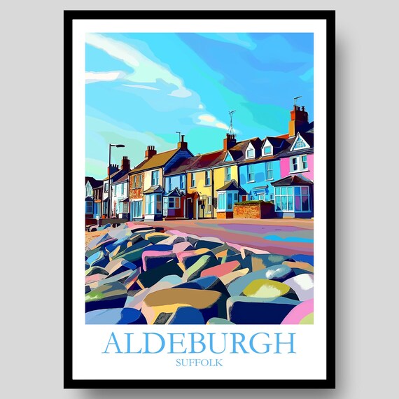 Aldeburgh Suffolk Pastel Seafront Houses Pebble Beach Travel Poster