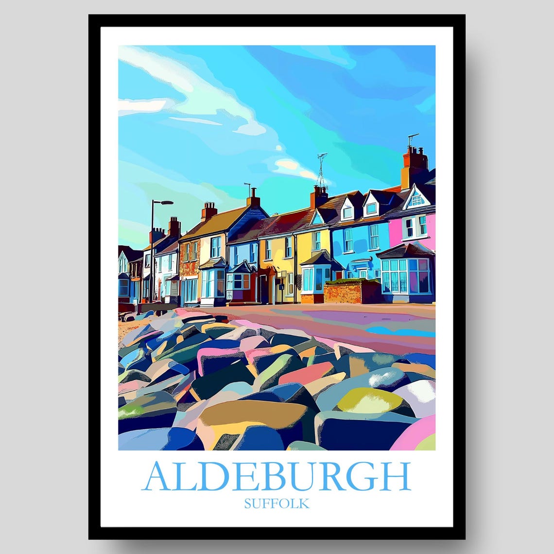 Aldeburgh Suffolk Pastel Seafront Houses Pebble Beach Travel Poster