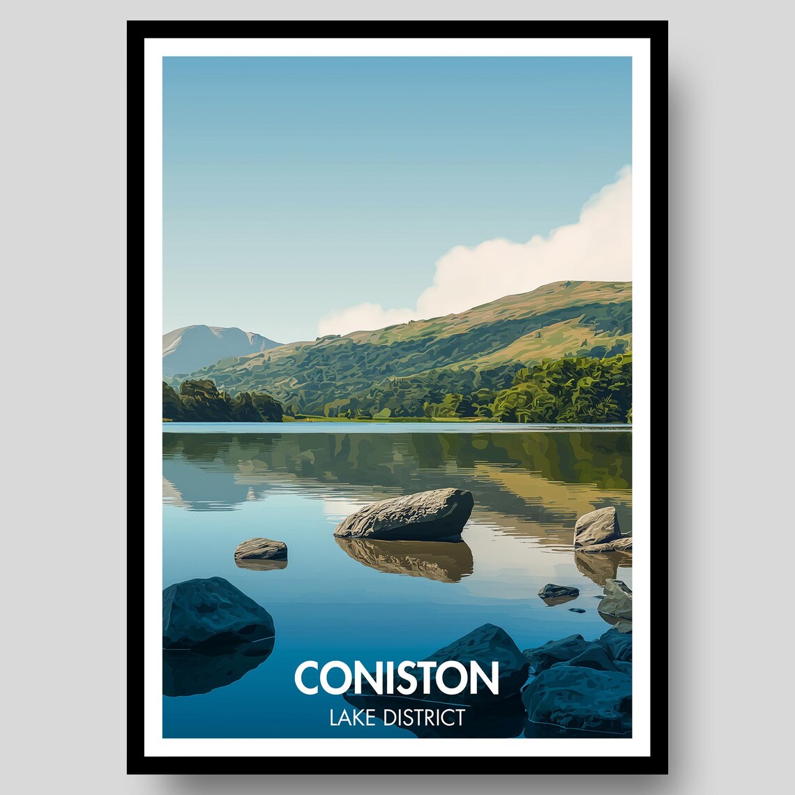 Coniston Lake District Calm Water Fells Rocks Vintage Travel Poster