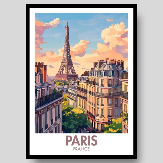 Paris France Eiffel Tower Sunset Over Haussmann Rooftops Golden Art Poster