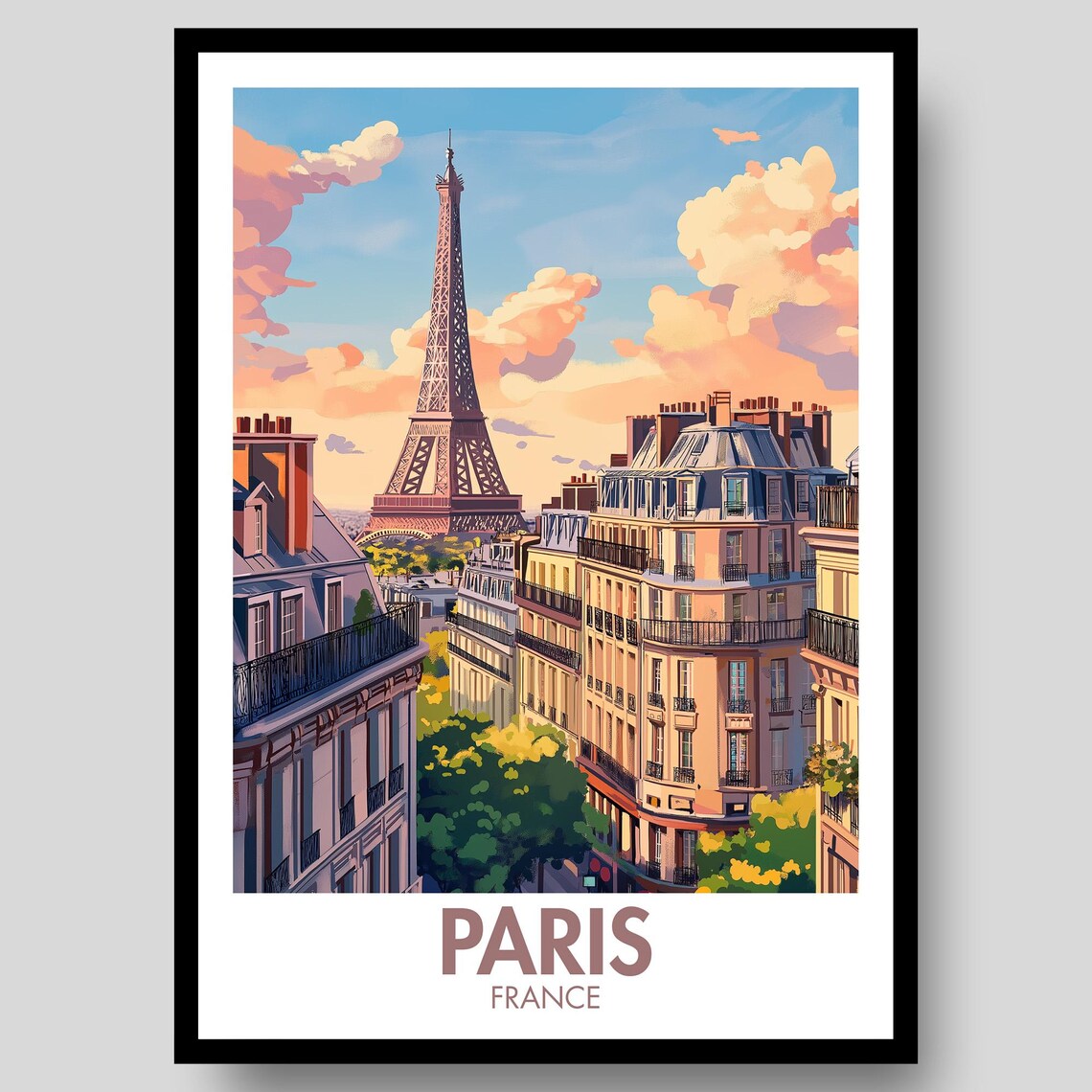 Paris France Eiffel Tower Sunset Over Haussmann Rooftops Golden Art Poster