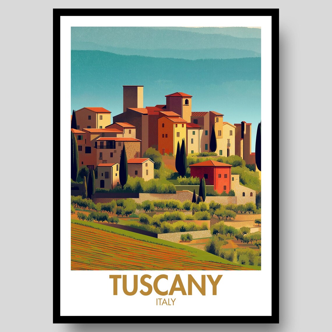 Tuscany Italy Hilltop Village Vineyards Cypress Retro Travel Poster