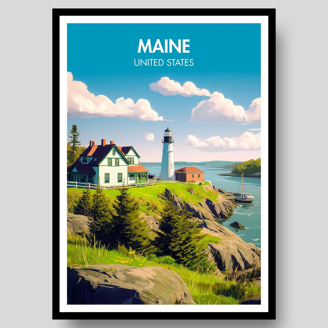 Maine Coastal Lighthouse New England Travel Destination Poster