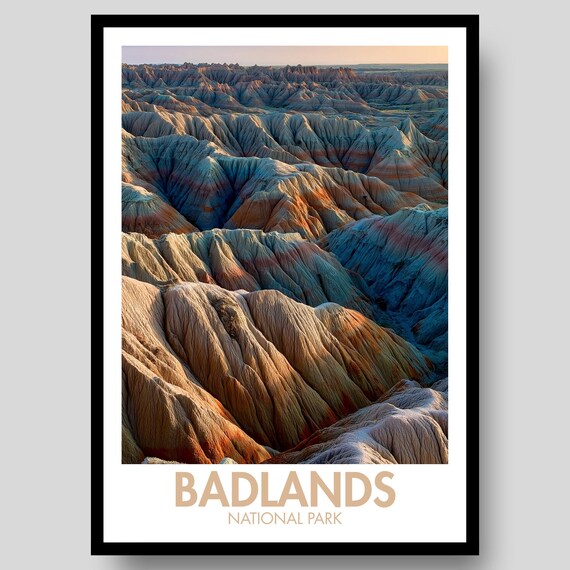 Badlands National Park Layered Rock Formations Sunset Travel Poster