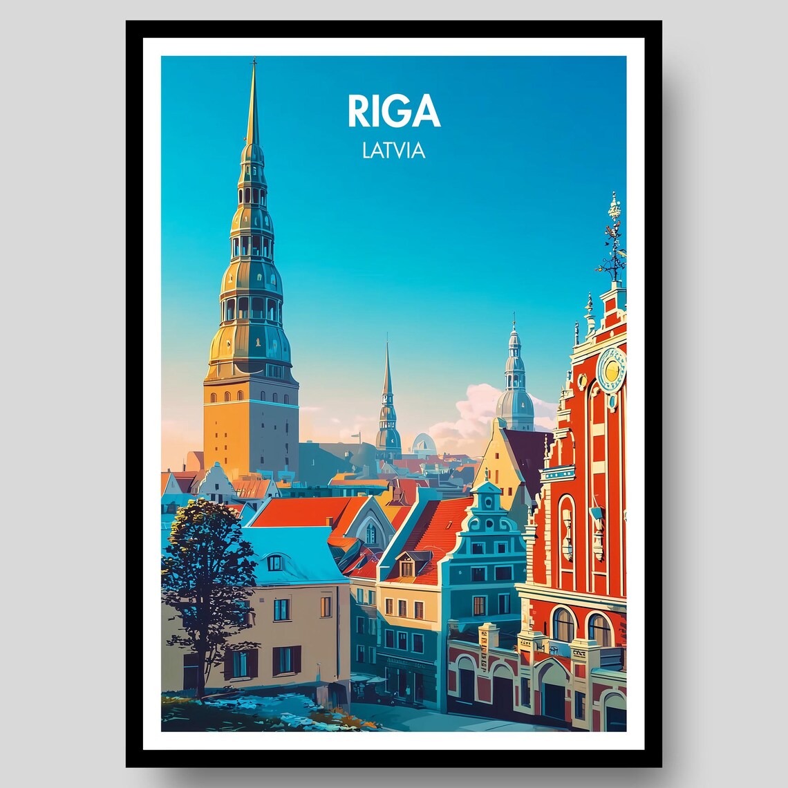 Riga Latvia Baltic Old Town Vintage Travel Poster Spire Skyline Art