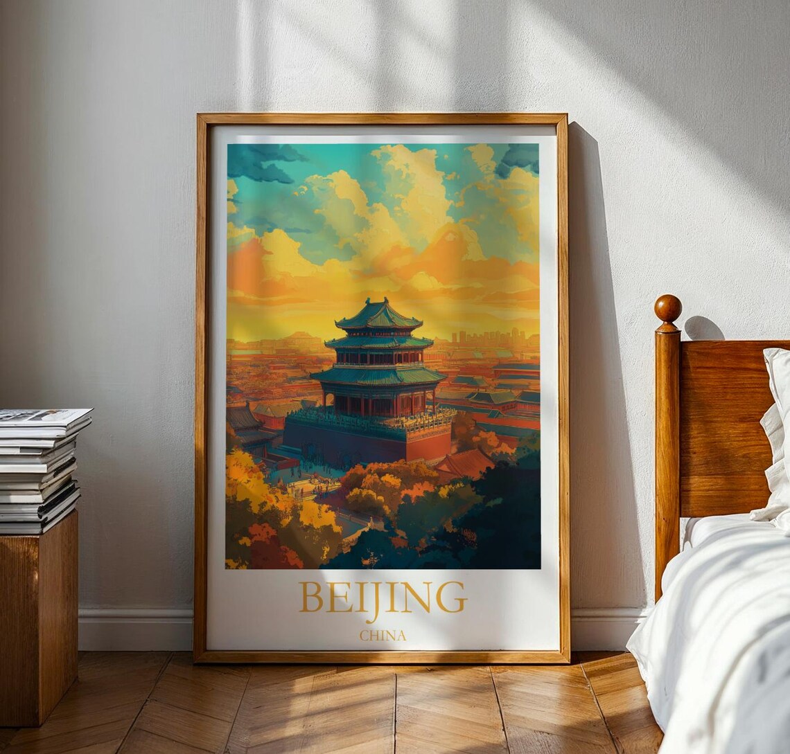 Beijing China Temple of Heaven Pavilion Golden Sunset Travel Poster