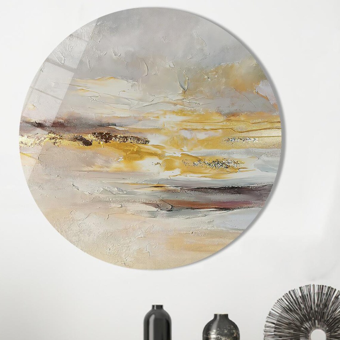 Round Gold Gray Beige Abstract Horizon Soft Textured Canvas Art Poster