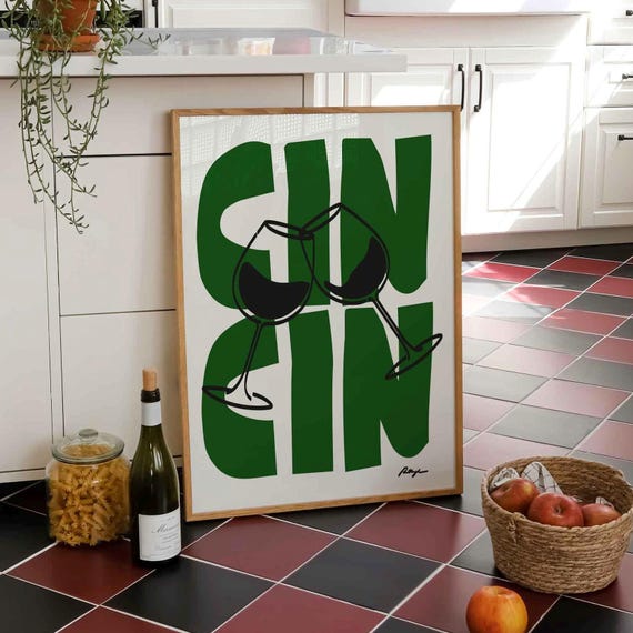 Cin Wine Print, Retro Cocktail Bar Cart Decor