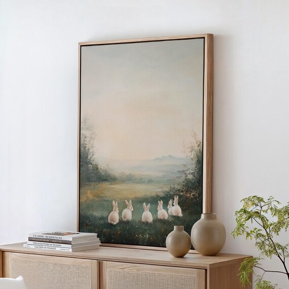 Five White Rabbits Facing Misty Meadow At Dawn Farmhouse Poster