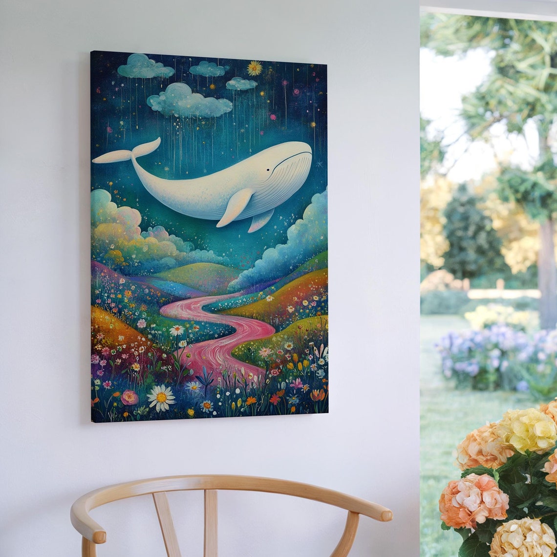 Dreamy White Whale Flying Over Pink River Flower Hills Poster