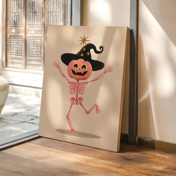 Dancing Pumpkin Head Skeleton Cute Playful Halloween Art Poster