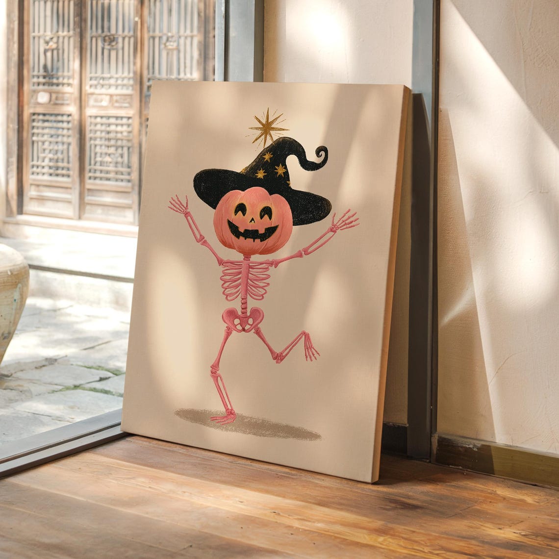 Dancing Pumpkin Head Skeleton Cute Playful Halloween Art Poster