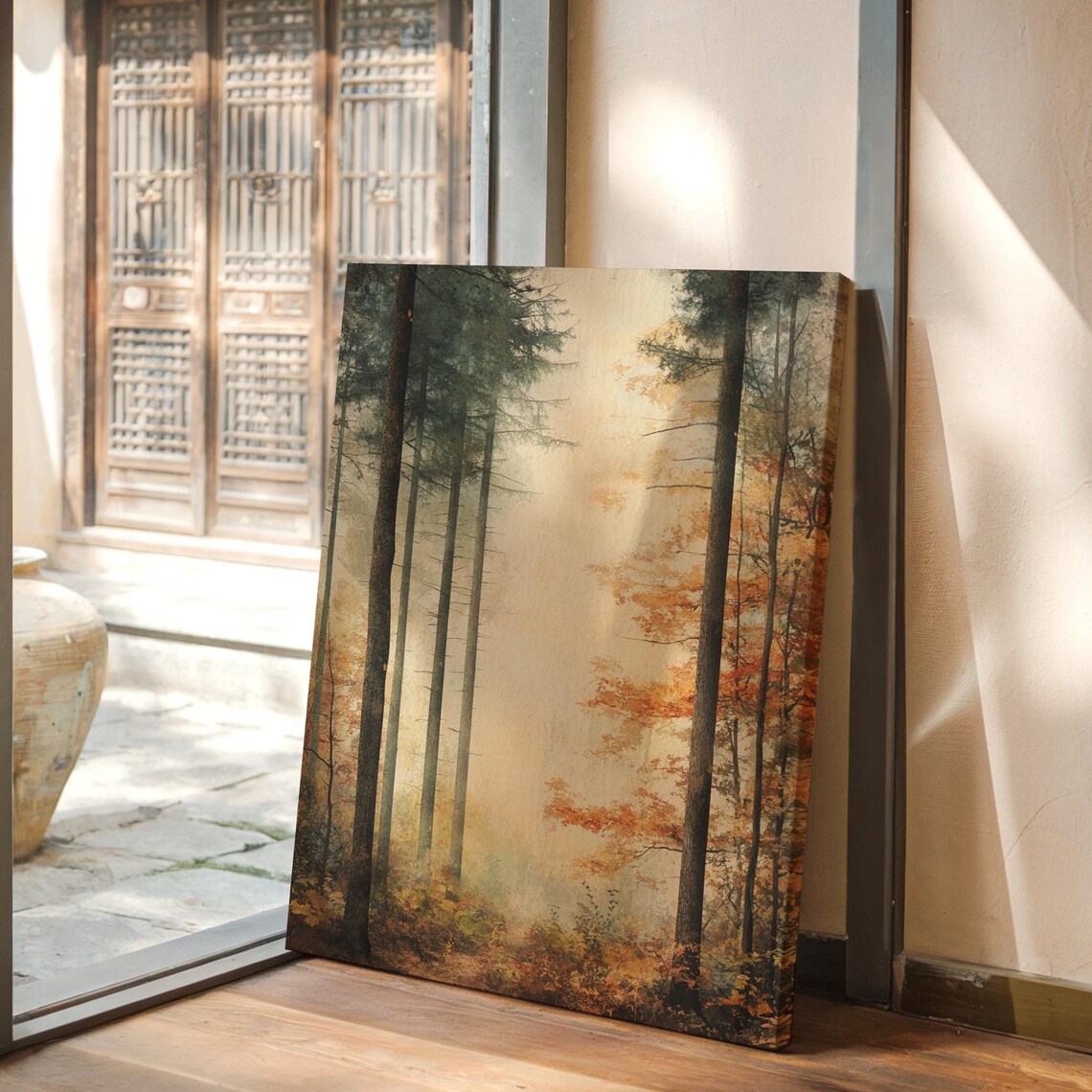 Serene Autumn Forest, Misty Woodland Landscape