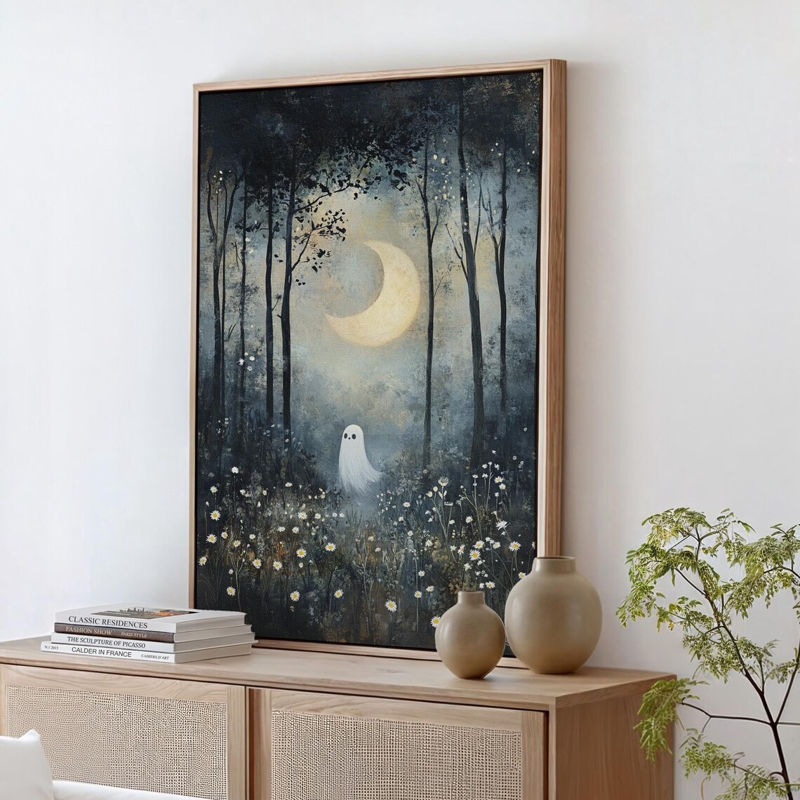 Cute Ghost In Moonlit Forest With Crescent Moon Daisies Halloween Poster