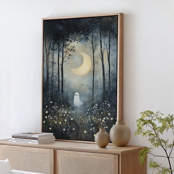 Cute Ghost In Moonlit Forest With Crescent Moon Daisies Halloween Poster